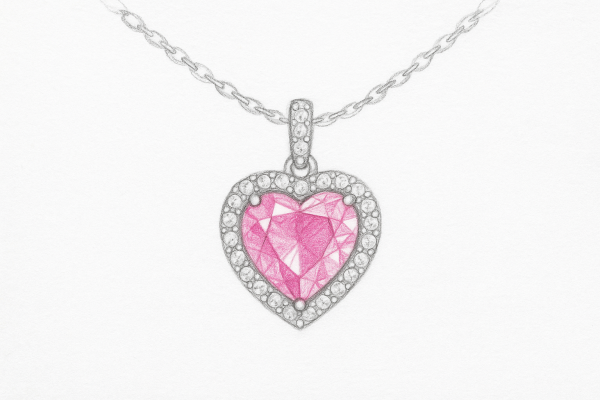 Eskizas – pakabukas su širdelės formos rožiniu turmalinu ir deimantų halo