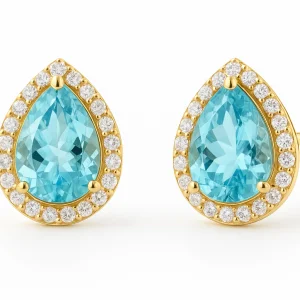 Geltono aukso auskarai vinukai su kriaušės formos akvamarinais su deimantais