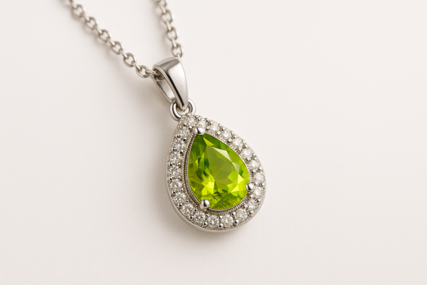 Halo dizaino pakabukas su lašo formos peridotu ir smulkiais deimantais