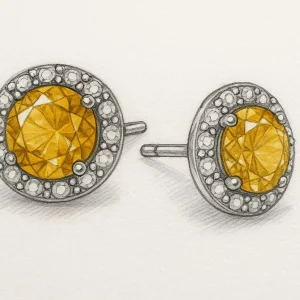 Juvelyro eskizas,  auskarai su apvaliais citrinais centre, deimantų apvadas aplink, vinukai.