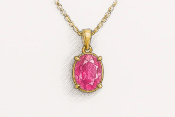 Juvelyro eskizas – geltono aukso pakabukas su ovalo formos rožiniu turmalinu