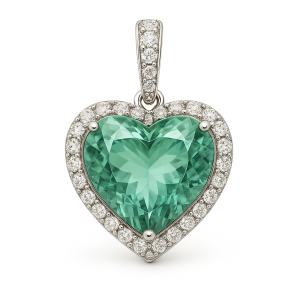 Pakabukas su akvamarinu širdelės formos akvamarino pakabukas iš balto aukso, apjuostas deimantais