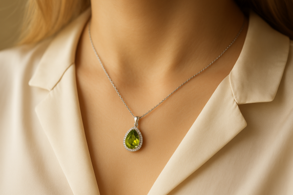 Pakabukas su lašo formos peridotu ir smulkiais deimantais