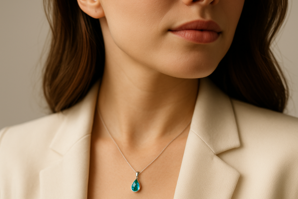 Rankų darbo eskizas – baltas aukso pakabukas su lašo formos Paraiba turmalinu, pieštuku nupieštas ant balto popieriaus