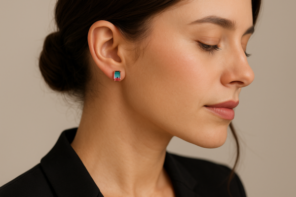 Stilinga moteris dėvi rose aukso mažus stud auskarus su stačiakampio formos bi-color turmalinu