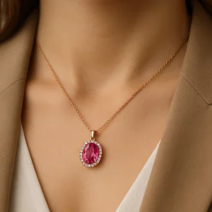 Stilingos moters kaklas su rožinio aukso pakabuku su rožiniu turmalinu ir deimantais