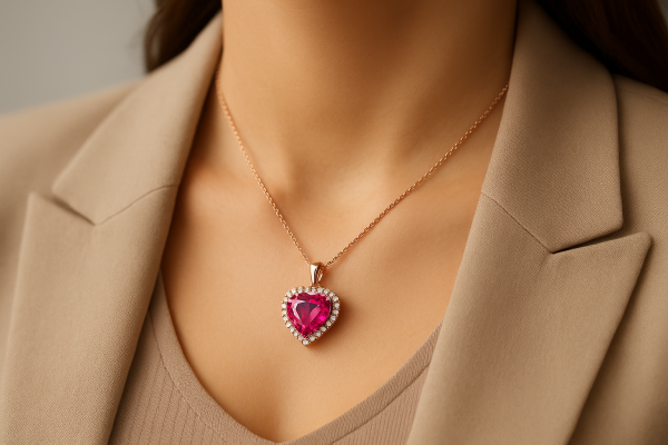 Stilingos moters kaklas su širdelės formos rožinio turmalino pakabuku su deimantais