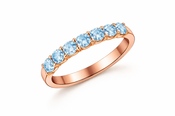 Žiedas juostelė su 7 akvamarinais raudonas auksas