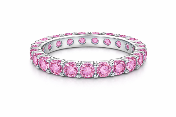 Žiedas juostelė su rožiniais safyrais baltas auksas