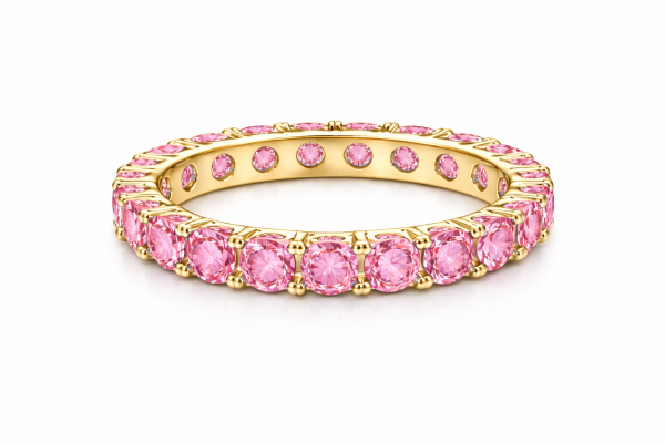 Žiedas juostelė su rožiniais safyrais geltonas auksas.