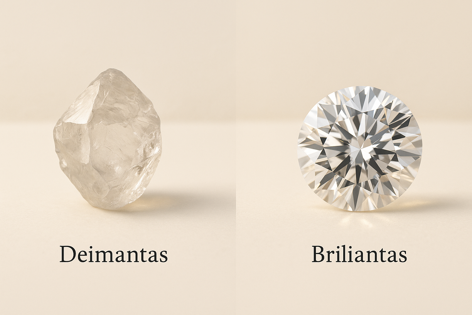 Kairėje pusėje parodytas neapdirbtas deimantas, dešinėje – šlifuotas briliantas, iliustruojant skirtumą tarp deimanto ir brilianto