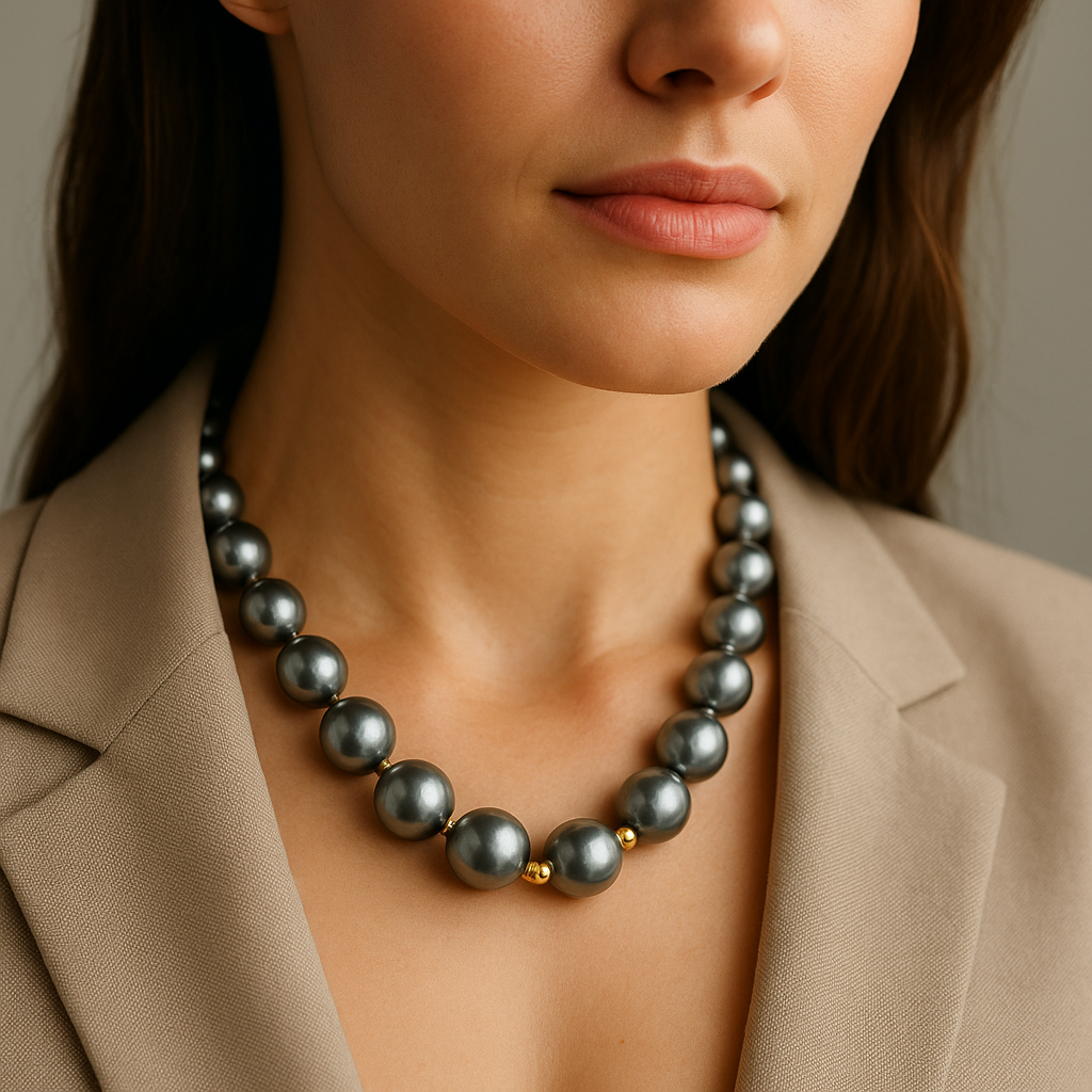 Stilinga moteris dėvi raudono aukso koljė su dideliais pilkais Tahiti perlais, elegantiškas akcentas prie klasikinio drabužio.