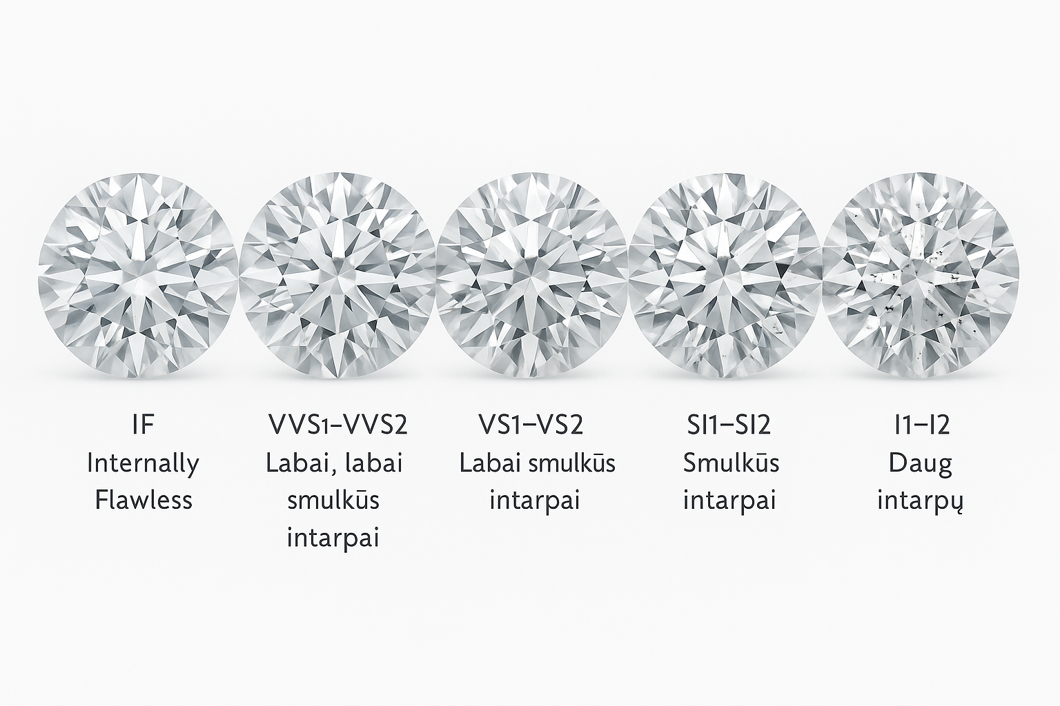 Penki apvalūs deimantai po padidinimo. Nuo kairės į dešinę: IF visiškai skaidrus, VVS – vos matomi intarpai, VS – keli smulkūs intarpai, SI – matomi smulkūs intarpai, I – daug aiškių intarpų.