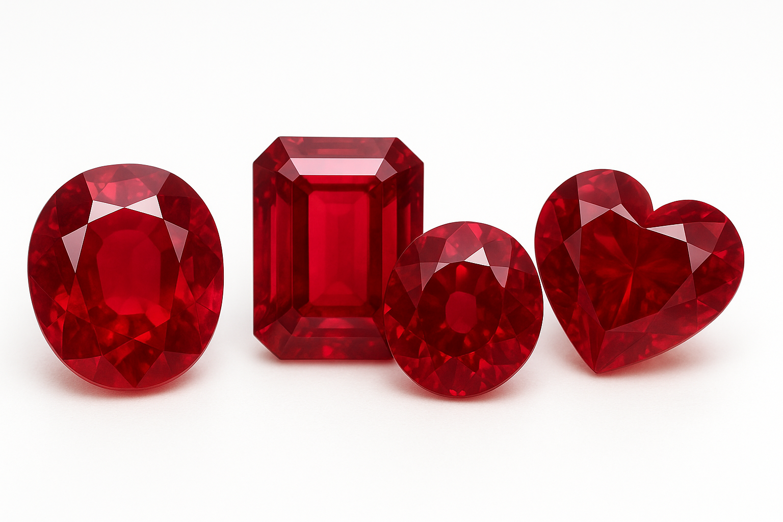 Rubiny o różnych kształtach – owalny, prostokątny, okrągły i w kształcie serca
