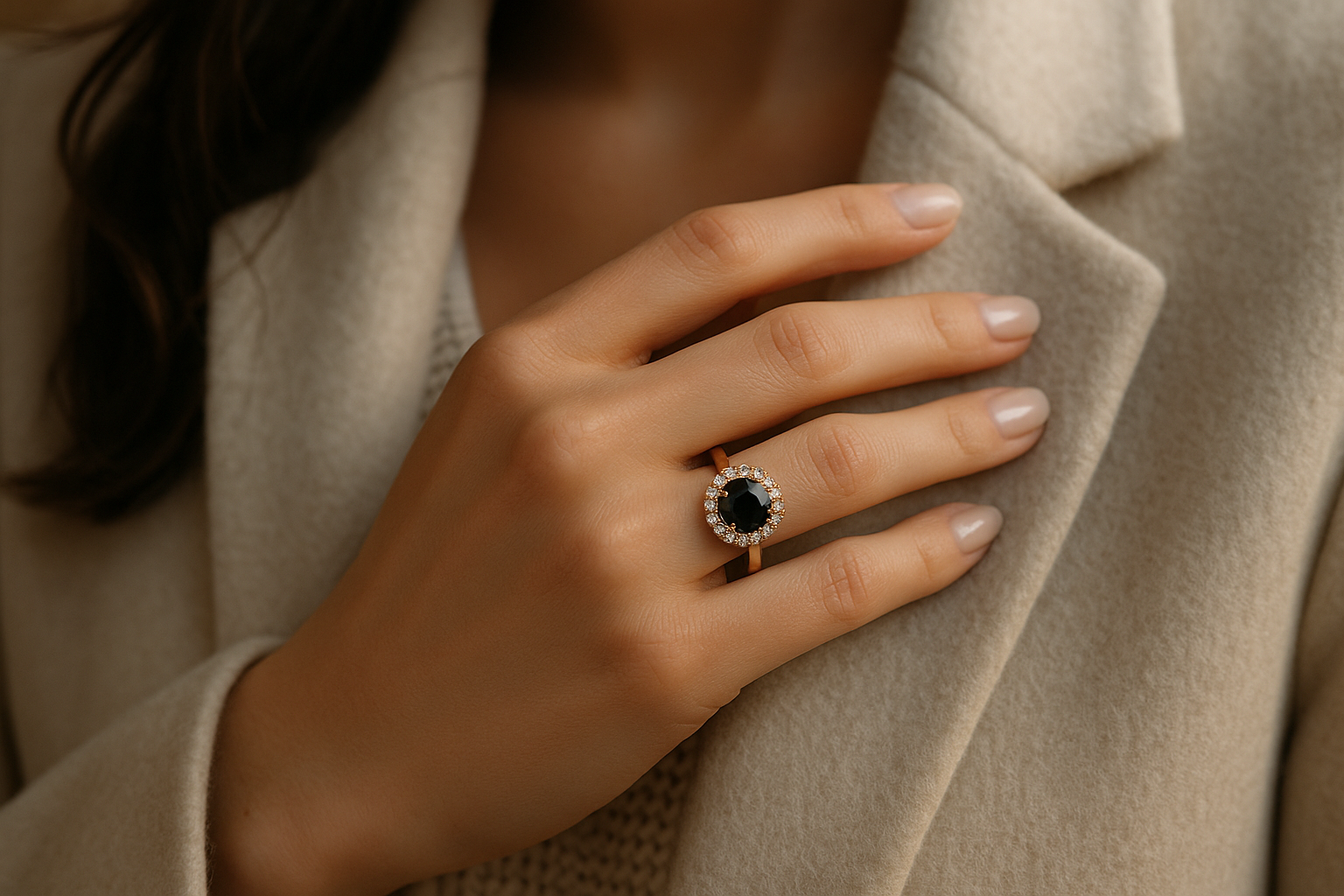 Stilinga moteris dėvi rožinio aukso halo žiedą su juodu deimantu centre ir mažais baltais deimantais, elegantiškas artimas rankos vaizdas