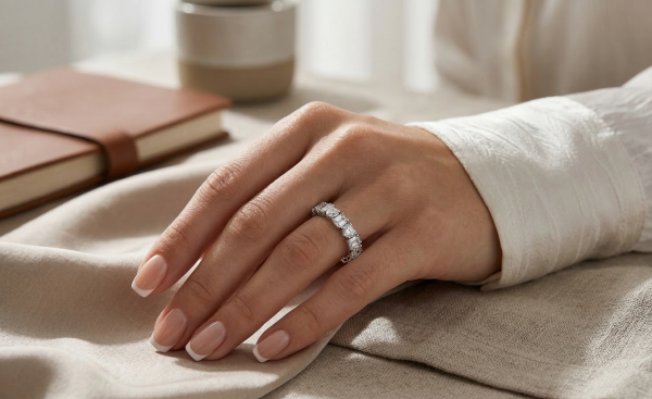 Išskirtinė deimantinė juostelė 6Emerald & 6Heart baltas auksas ant stilingos moters rankos