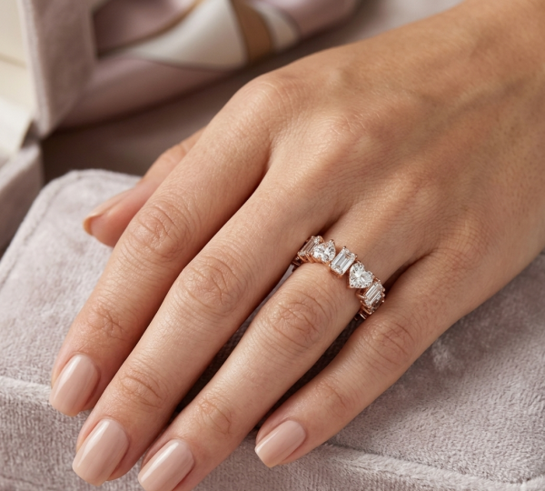 Išskirtinė deimantinė juostelė su 12 skirtingos formos Emerald & Heart deimantais geltonas auksas ant piršto