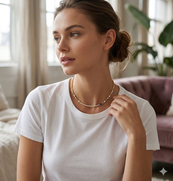 Grandinėlė su deimantais ir safyru - Tennis kolje geltono aukso ant kaklo