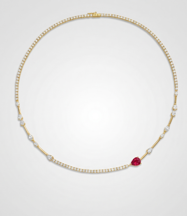 Grandinėlė su deimantais ir rubinu - Tennis kolje geltono ausko 12.90 ct