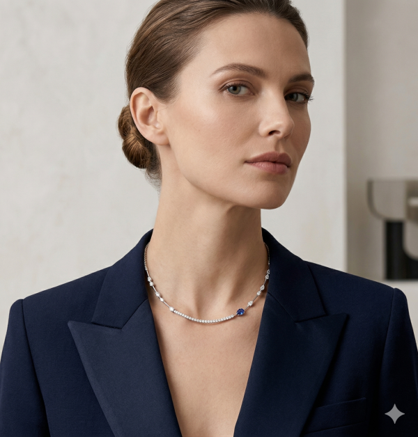 Grandinėlė su deimantais ir safyru - Tennis kolje balto aukso ant kaklo
