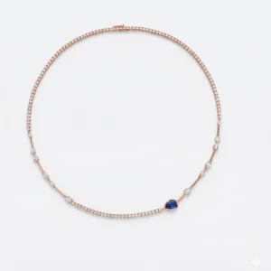 Grandinėlė su deimantais ir safyru - Tennis kolje raudonas auksas