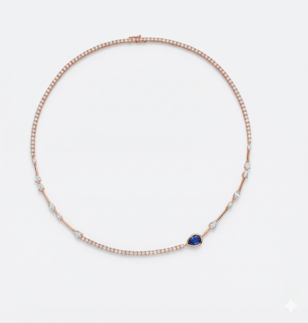 Grandinėlė su deimantais ir safyru - Tennis kolje raudonas auksas