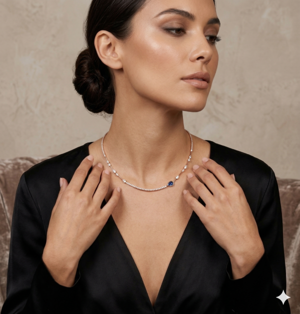 Grandinėlė su deimantais ir safyru - Tennis kolje raudono aukso ant kaklo