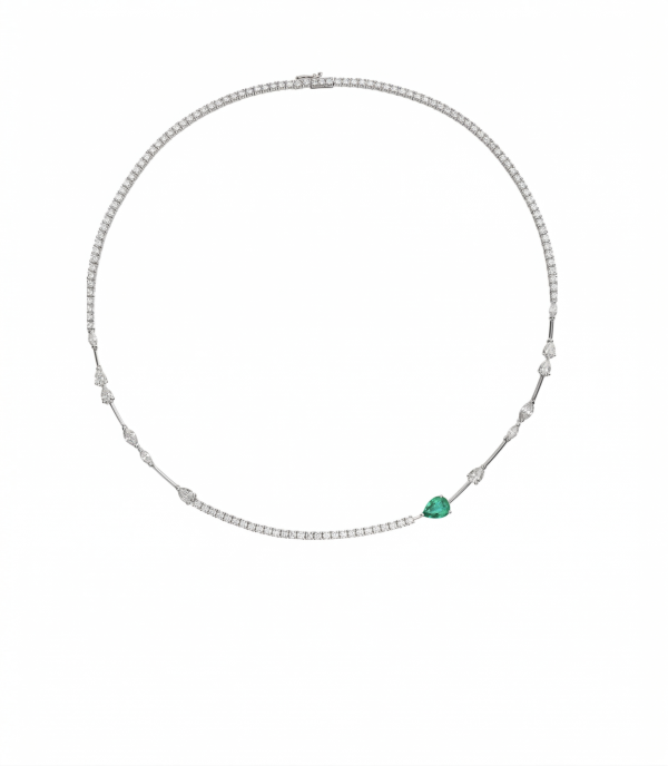 Grandinėlė su deimantais ir smaragdu - Tennis kolje 12.90 ct baltas auksas