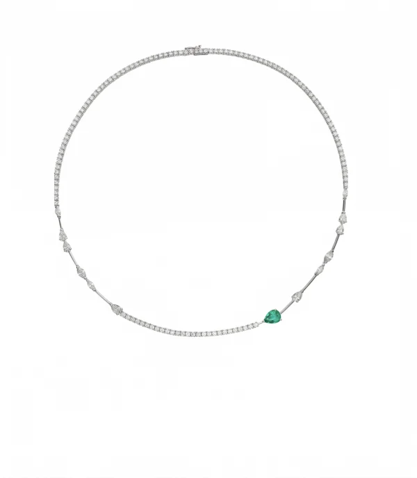 Grandinėlė su deimantais ir smaragdu - Tennis kolje 12.90 ct baltas auksas