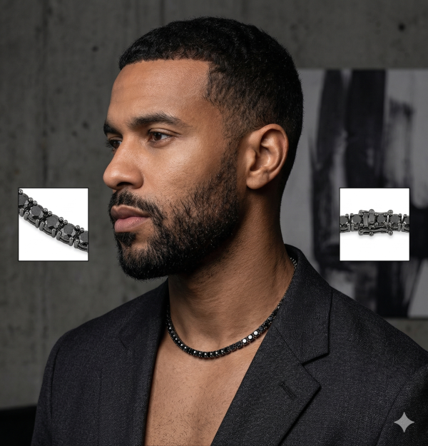 Grandinėlė vyrui su juodais deimantais - Tennis kolje 16.00 ct ant kaklo 46 cm juodo aukso