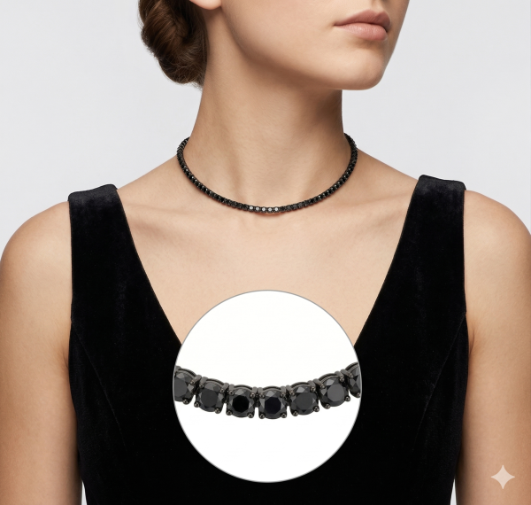 Grandinėlė vyrui su juodais deimantais - Tennis kolje 9.40 ct ant moters kaklo