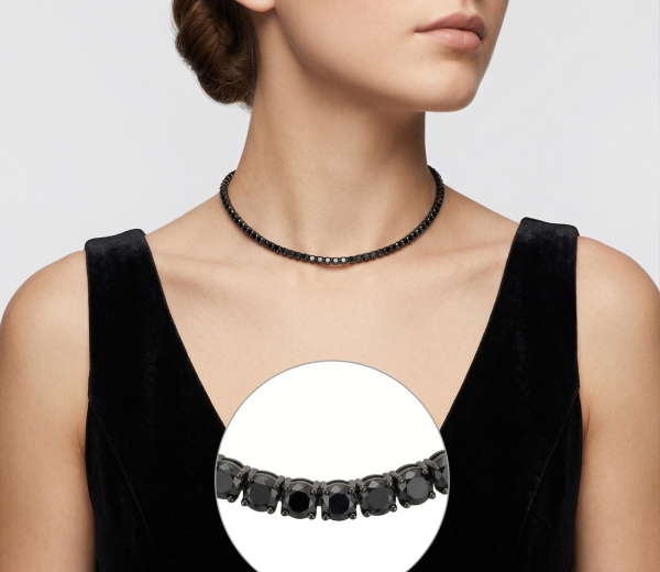 Grandinėlė vyrui su juodais deimantais - Tennis kolje 9.40 ct ant moters kaklo