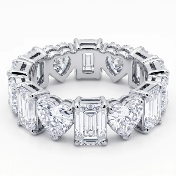 Išskirtinė deimantinė juostelė su laboratoriniais 6Emerald & 6Heart deimantais 8.42 karatai balto aukso