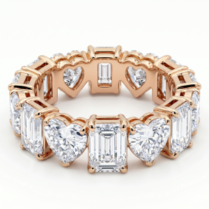 Išskirtinė deimantinė juostelė su laboratoriniais 6Emerald & 6Heart deimantais 8.42 karatai raudonas auksas