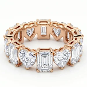 Išskirtinė deimantinė juostelė su laboratoriniais 6Emerald & 6Heart deimantais 8.42 karatai raudonas auksas