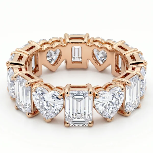 Išskirtinė deimantinė juostelė su laboratoriniais 6Emerald & 6Heart deimantais 8.42 karatai raudonas auksas