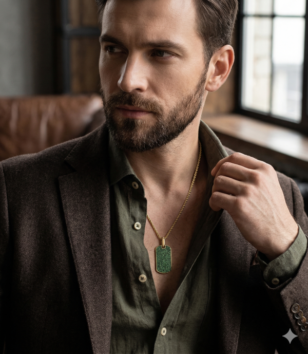 Pakabukas vyrui su žaliais brangakmeniais tsavoritais