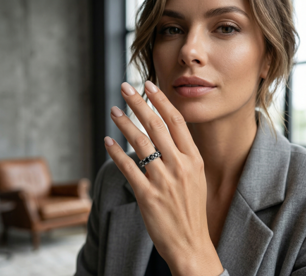 Deimantinė juostelė su juodais deimantais (9.10 ct) 5.90 mm balto aukso ant piršto 22