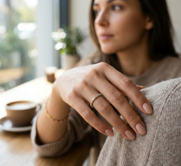 Žiedai su deimantais - geltono aukso deimantinės juostelė (20 vnt - 0.20 ct) ant rankos