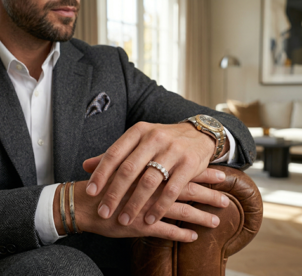 Žiedas juostelė vyrui su deimantais ant piršto 4.40 mm