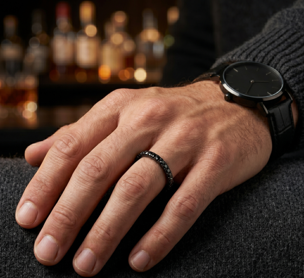 Žiedas su juodais deimantais vyrui - raudono aukso deimantinė juostelė ant prišto(13 vnt - 1.05 ct) 3.00 mm 2