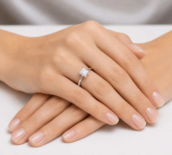 Balto aukso sužadėtuvių žiedas su Emerald deimantu (Lab Grown 1.00 ct) ant merginos rankos