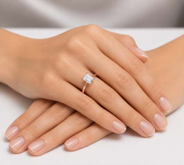 Raudono aukso sužadėtuvių žiedas su Emerald deimantu (Lab Grown 1.00 ct) ant rankos