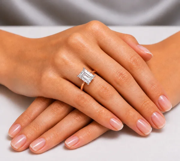 Sužadėtuvių žiedas su Emerald deimantu (Lab Grown 2.00 ct) raudonas auksas ant merginos rankos