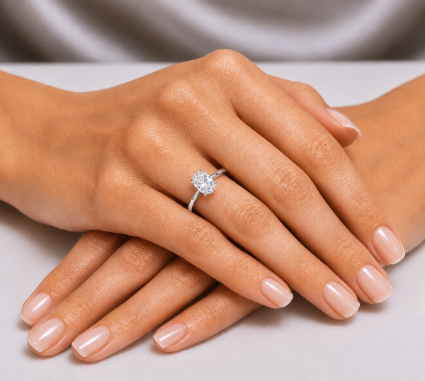 Sužadėtuvių žiedas su Oval deimantu (Lab Grown 1.00 ct) balto aukso ant merginos rankos