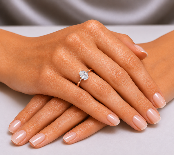 Sužadėtuvių žiedas su Oval deimantu (Lab Grown 1.00 ct) raudono aukso ant rankos