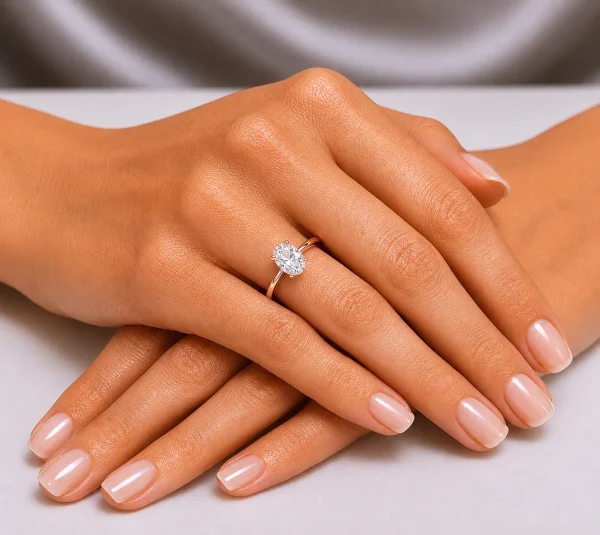 Sužadėtuvių žiedas su Oval deimantu (Lab Grown 1.00 ct) raudono aukso ant rankos