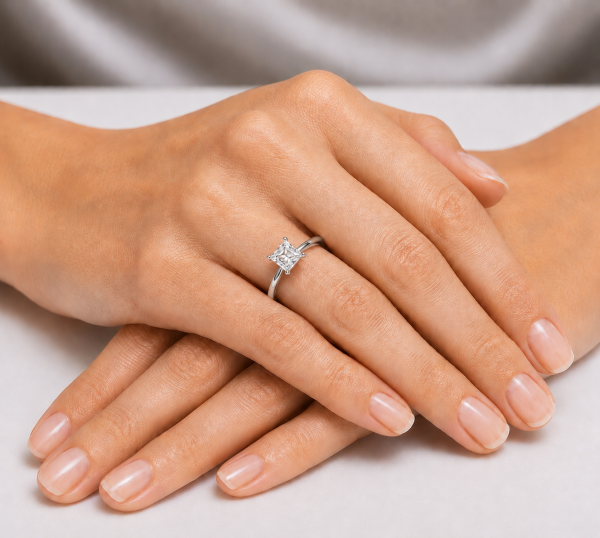 Sužadėtuvių žiedas su Princess deimantu (Lab Grown 1.00 ct) balto aukso ant rankos