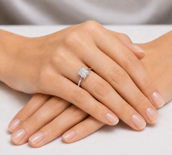 Balto aukso sužadėtuvių žiedas su Radiant deimantu (Lab Grown 1.00 ct) ant rankos