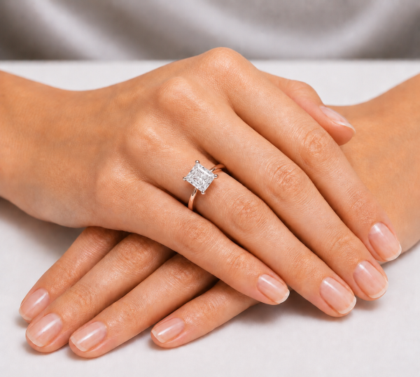 Raudono aukso sužadėtuvių žiedas su Radiant deimantu (Lab Grown 1.00 ct) ant rankos